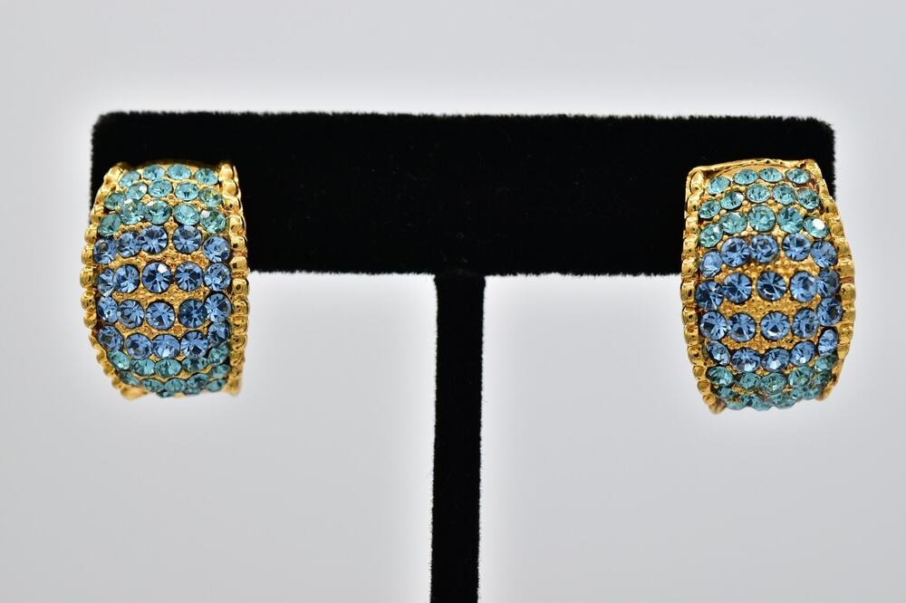 Vintage Sky Blue Rhinestone Crystal Half Hoop Clip On Earrings Gold 1980s BinAZ